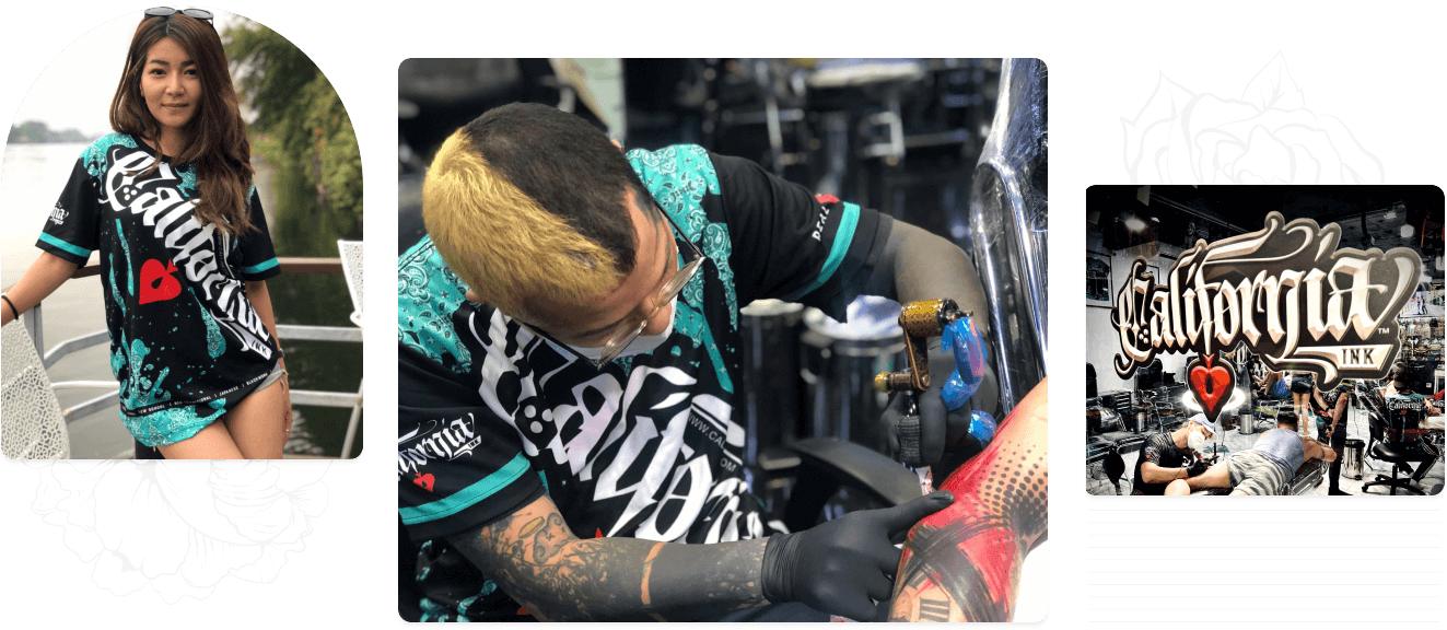 Top: Woman posing on a boat featuring colorful marine-themed tattoo sleeves, showcasing Thailand tattoo art.
Middle: Tattoo artist working on a tattoo in a studio in Thailand.
Bottom: "California Ink" logo prominently displayed with a group of tattoo enthusiasts in front of our Tattoo Phuket shop.