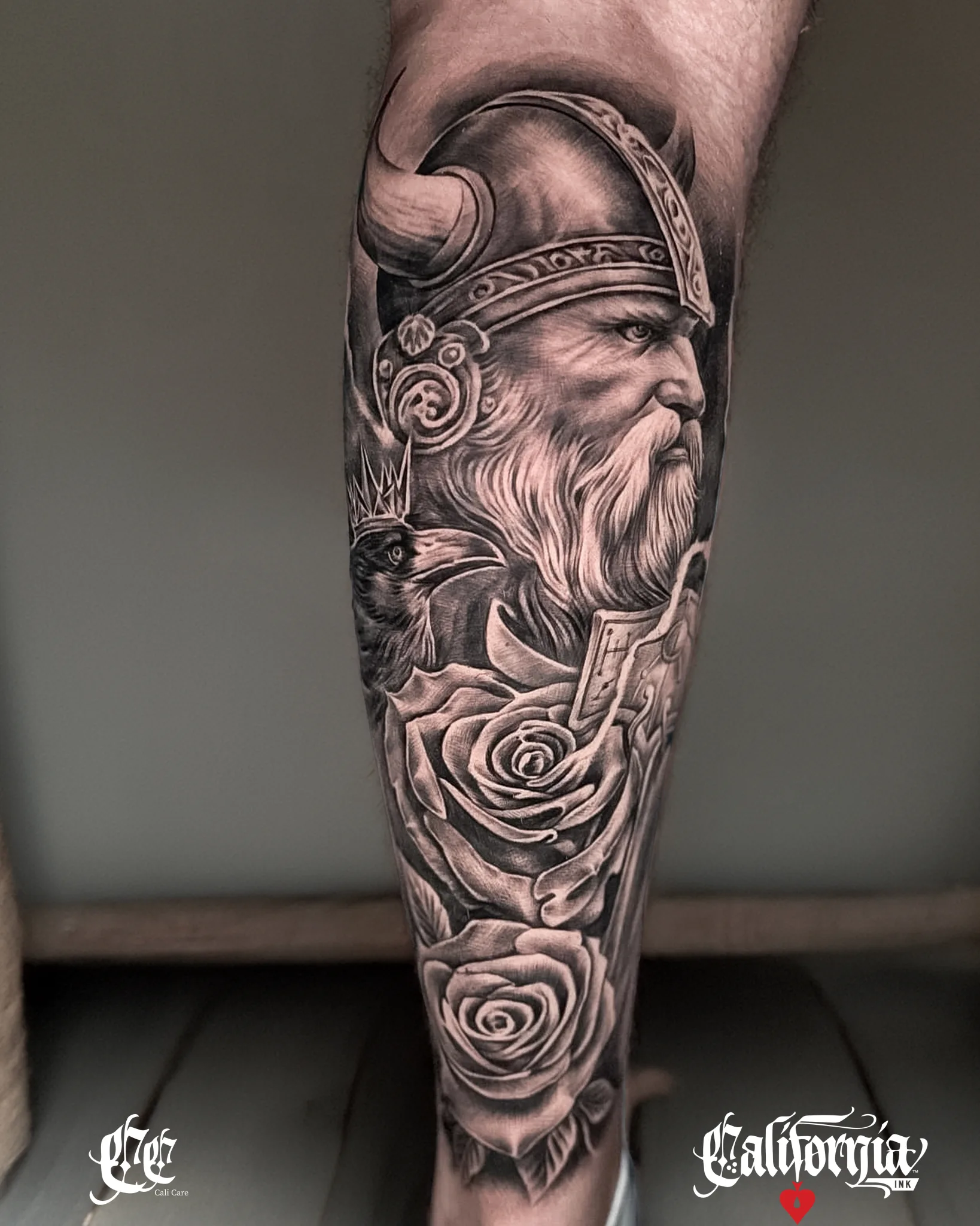 Healed black and grey realism tattoo with roses, second angle
