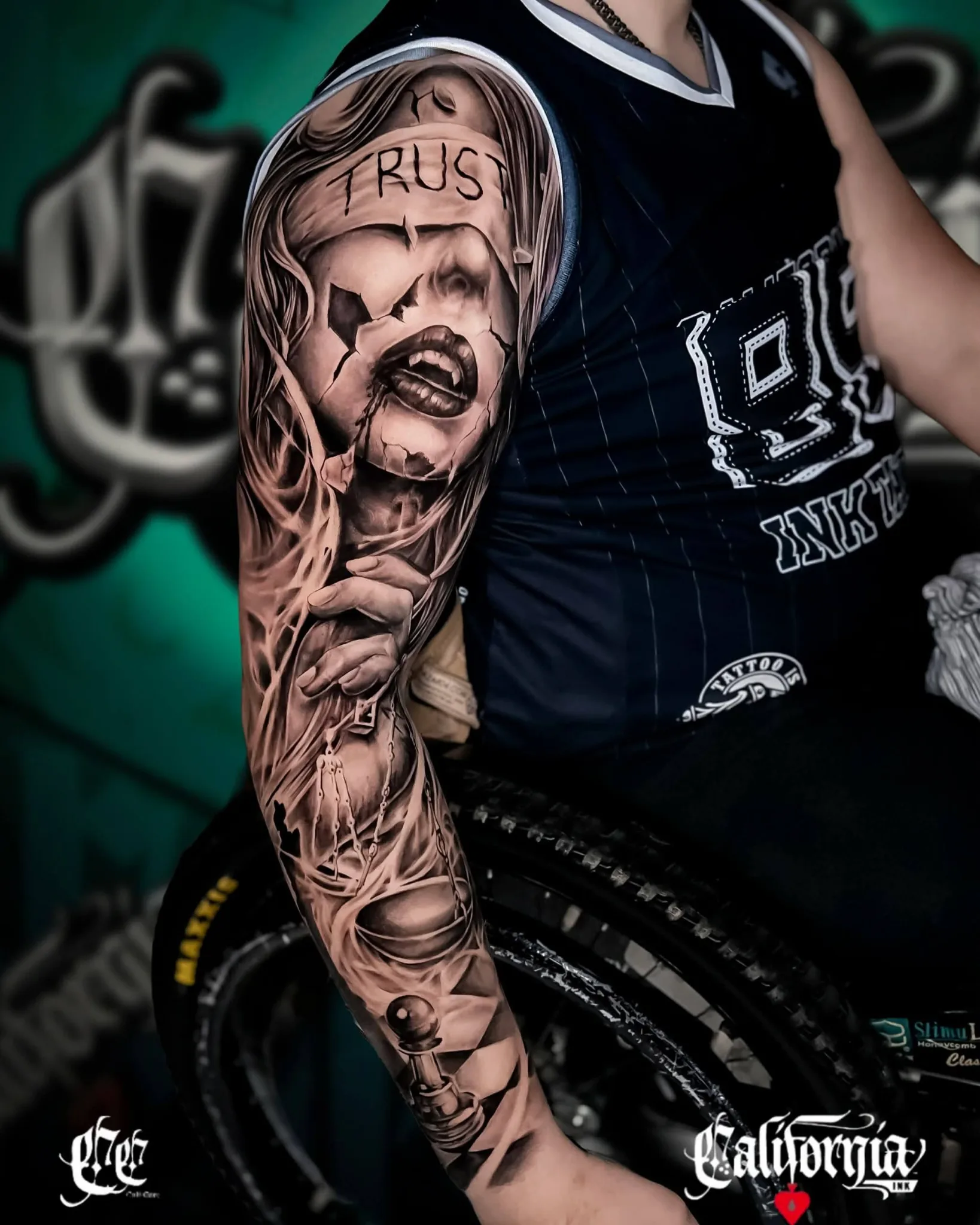 Full arm black and grey realism sleeve tattoo