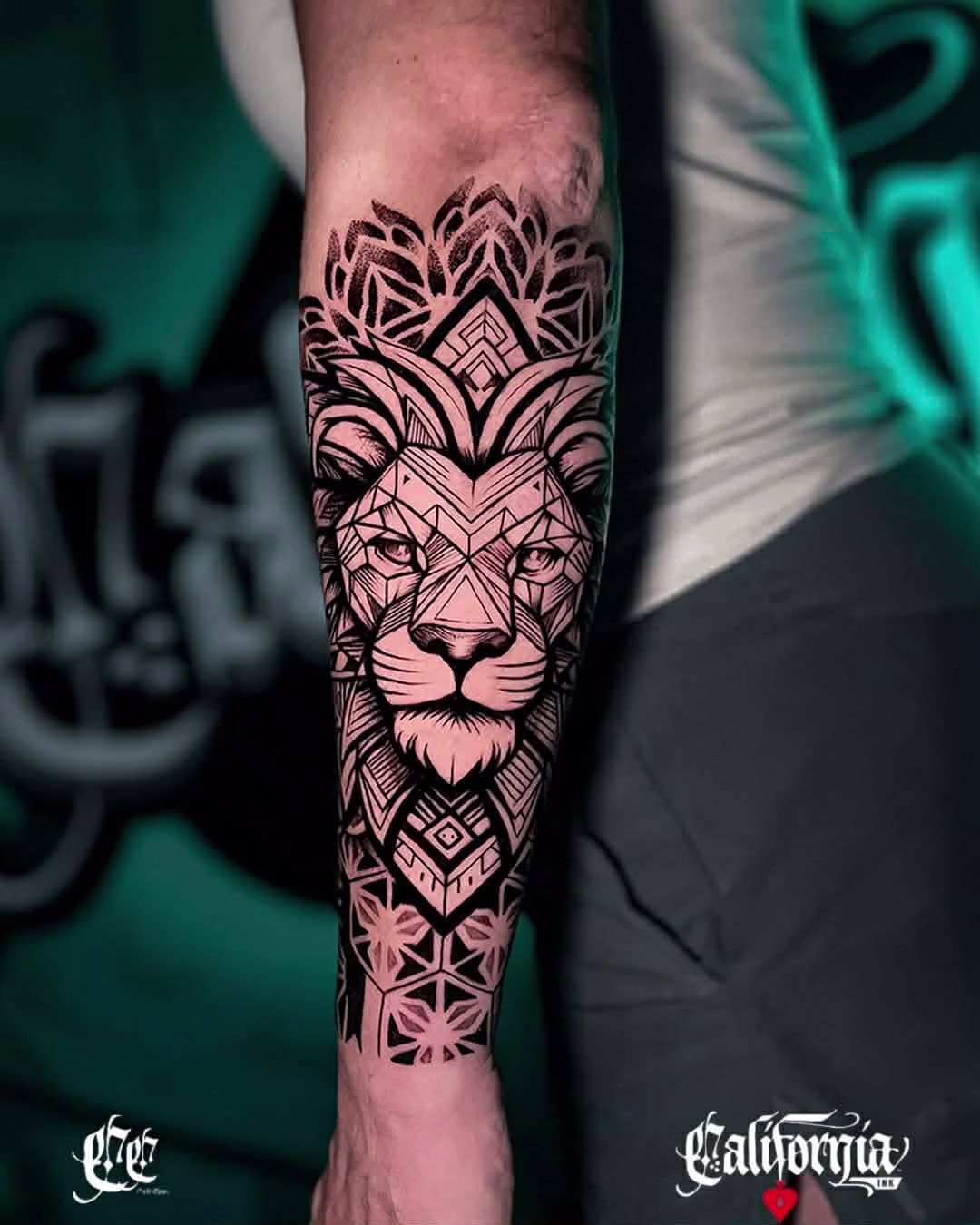 Black and grey realism lion tattoo on a forearm