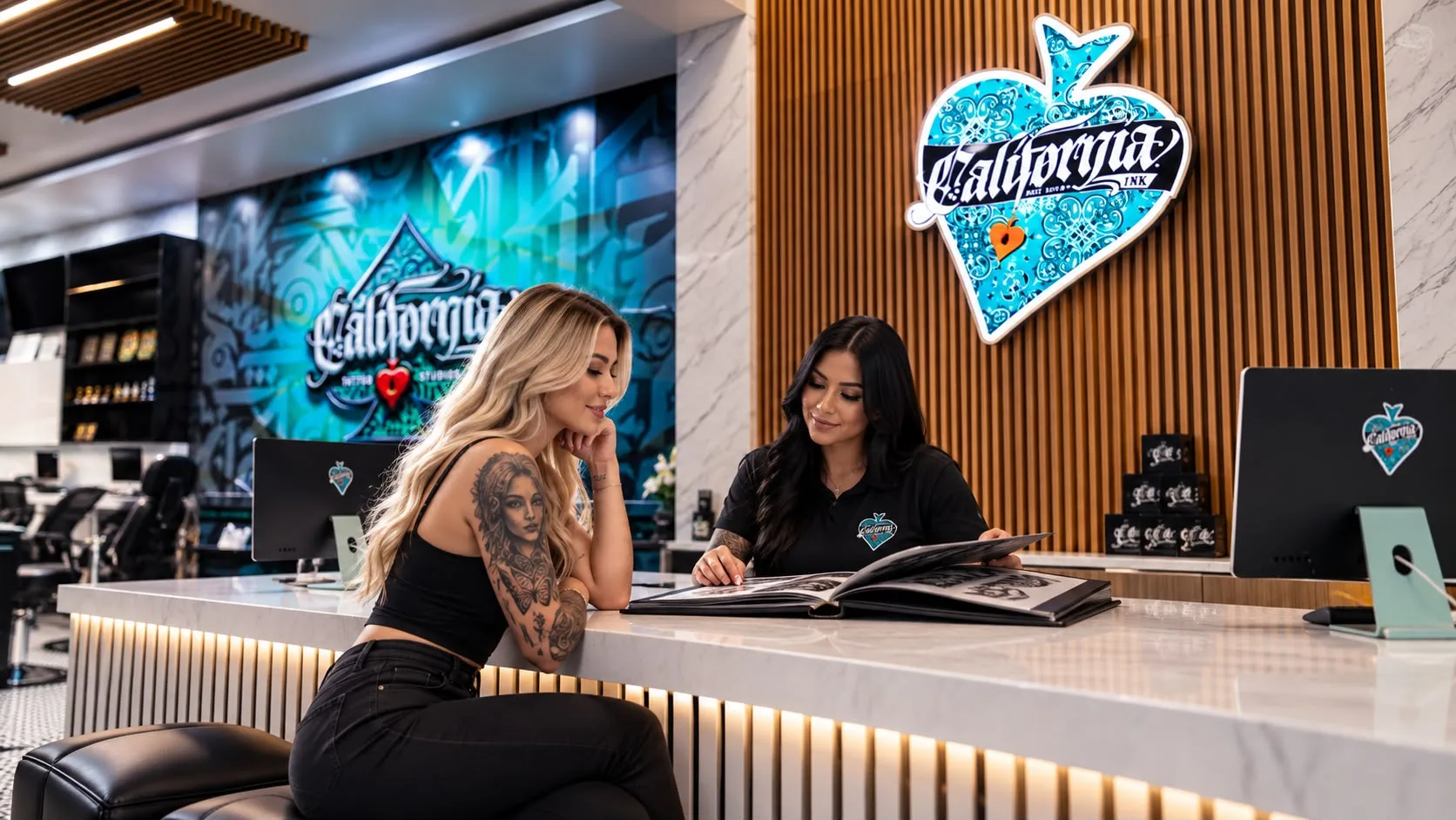 California Ink tattoo studio reception in Bangkok, Thailand, with a client browsing a tattoo design portfolio