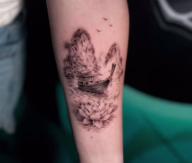 Micro realism tattoo in Thailand of a boat