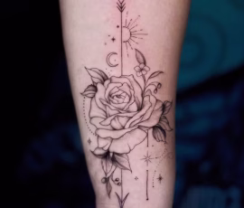 Contemporary tattoo of a rose with fine line stars and geometric accents