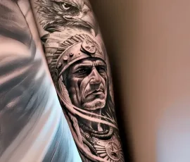 Black and grey Native American chief portrait tattoo on a forearm
