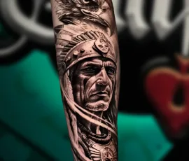 Healed black and grey Native American chief portrait tattoo on a forearm