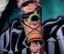 Anime tattoo sleeve featuring One Piece characters