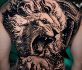 Black and grey roaring lion full back tattoo