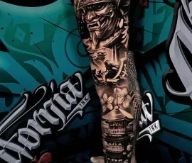 Japanese realism tattoo sleeve of a samurai figure