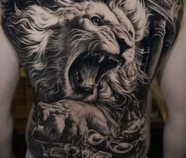 Healed black and grey roaring lion full back tattoo