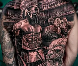 Black and grey Spartan gladiator full back tattoo