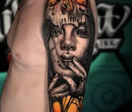 Surrealist tattoo of a woman's face