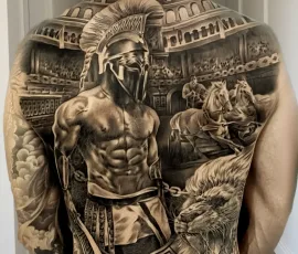 Healed black and grey Spartan gladiator full back tattoo