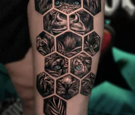 Black and grey geometric honeycomb pattern sleeve tattoo with tribal accents