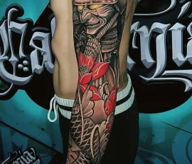 Japanese realism tattoo sleeve of a samurai figure