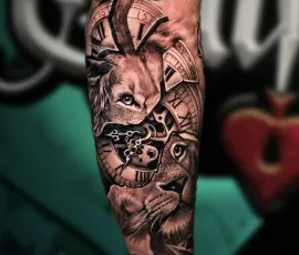 Black and grey surrealism tattoo of a tiger with red rose accents