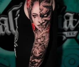 Japanese realism tattoo sleeve of a geisha figure