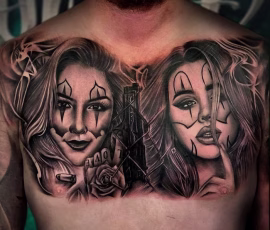 Chicano style tattoo of two women's faces with a rose, on chest