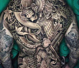 Full back black and grey Japanese-style tattoo