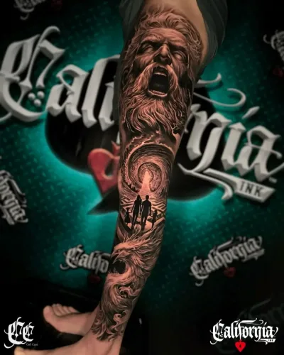 Greek mythology leg sleeve, likely featuring Zeus, was created by the artists at California Ink