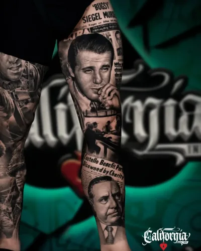 Realistic black-and-grey portrait tattoo theme