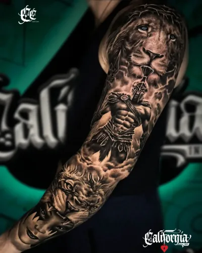 Realistic black and grey tattoo sleeve