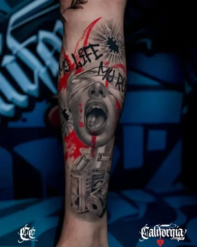 black-and-grey-dark-art-woman-money-gun-forearm-tattoo-california-ink.