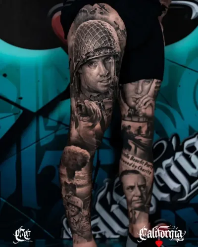 black and grey military realism leg sleeve features World War II paratrooper and combat