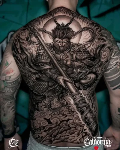 full-back black-and-grey tattoo monkey king